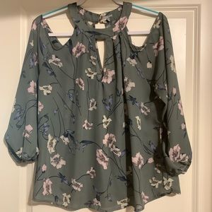 Green off the shoulder long sleeve shirt